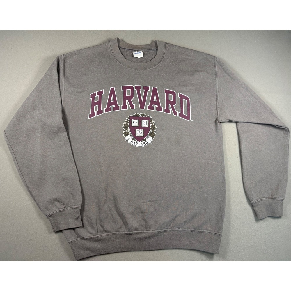 Harvard University Gildan Sweatshirt Gray Veritas Crest Crewneck Mens Medium